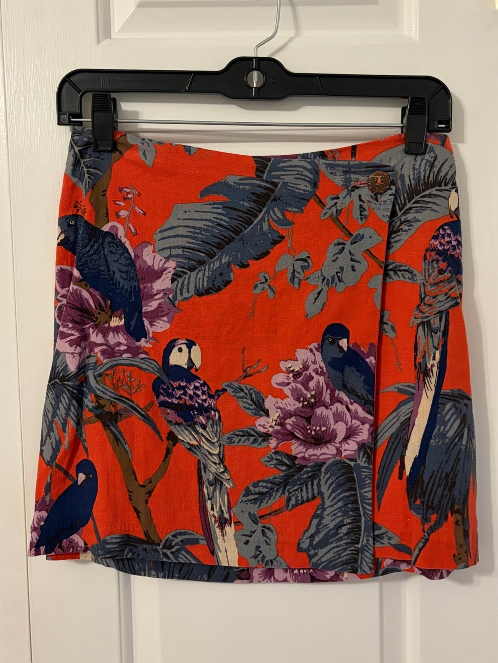 Red Orange Tropical Print Wrap Mini Skirt